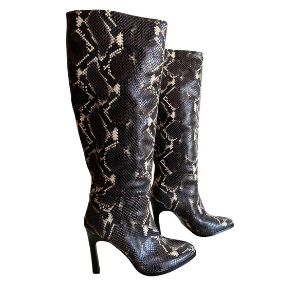 Sigerson Morrison Python Embossed Knee-High Leather Boots 40 Black Brown Snake - Picture 1 of 14